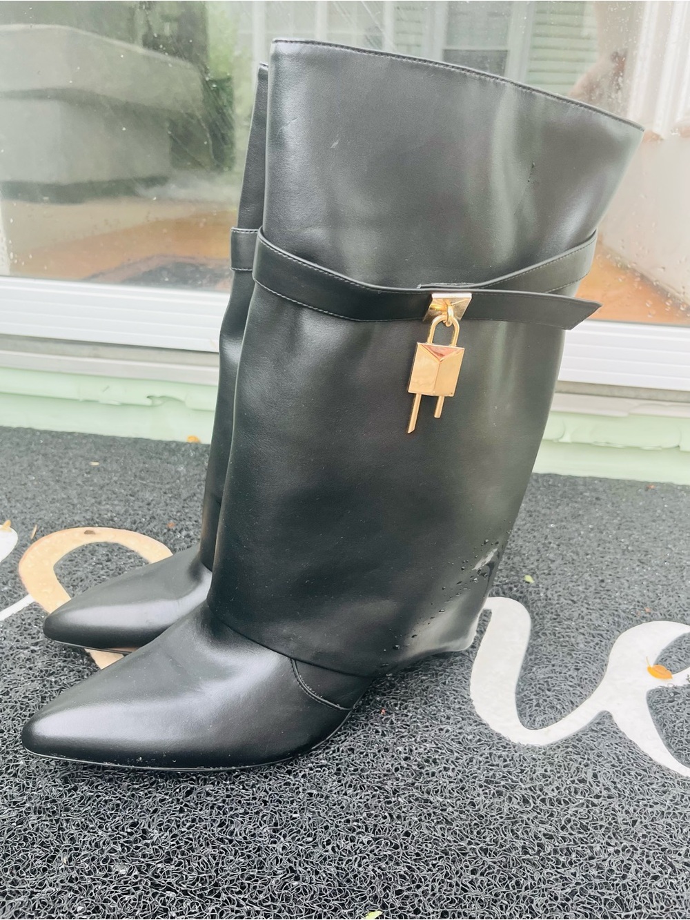 AKIRA Black Mid-Calf Pointed Toe Heeled Boots with Gold Padlock Charm